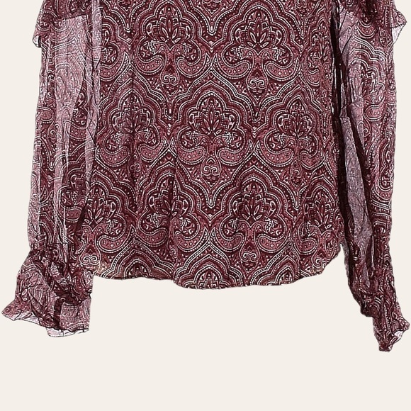 Joie Agneta Silk Blouse XS Burgundy Paisley Boho Sheer Ruffle Sleeve Peasant Top - Picture 5 of 7